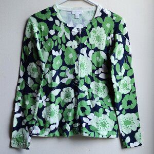 Charter Club Green/Navy Floral Button Down Cardigan Size Petite P Small